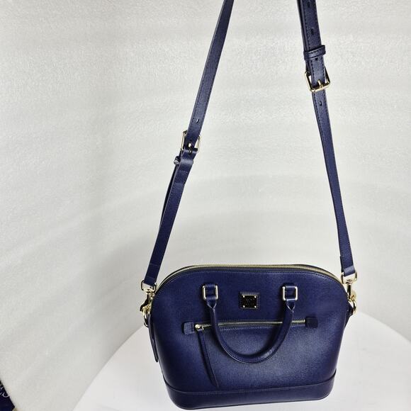 Dooney & Bourke Saffiano Leather Zip Satchel Purse Blue Gold Hardware Crossbody - Picture 6 of 16